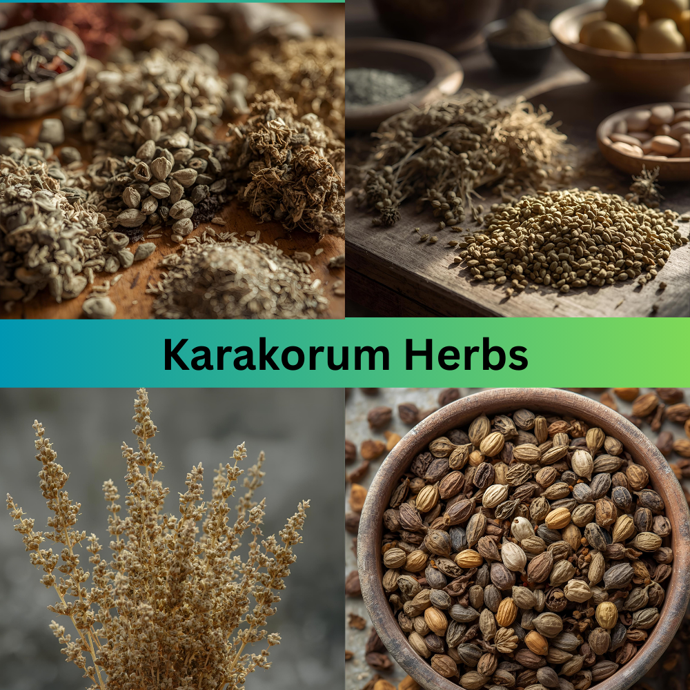 Natural dried edible herbs from Gilgit-Baltistan, traditionally used for their health benefits, displayed in eco-friendly packaging
