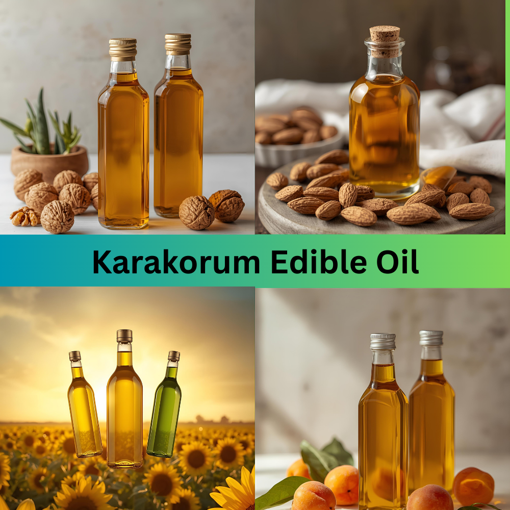 Bottles of natural edible oils – apricot, walnut, and almond – sourced from Gilgit-Baltistan, displayed with raw nuts and apricot kernels.