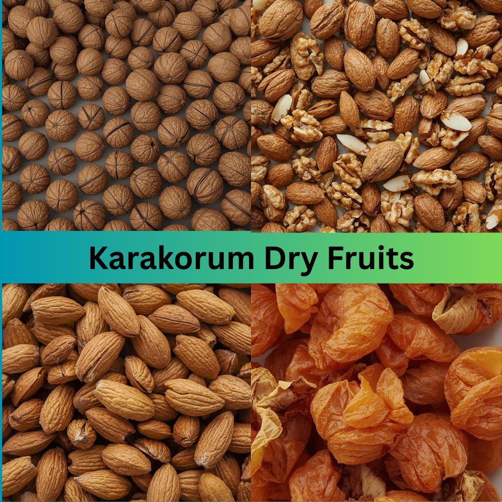 Premium dry fruits naturally sourced from Gilgit-Baltistan – almonds, walnuts, apricots, and more, arranged in a rustic display